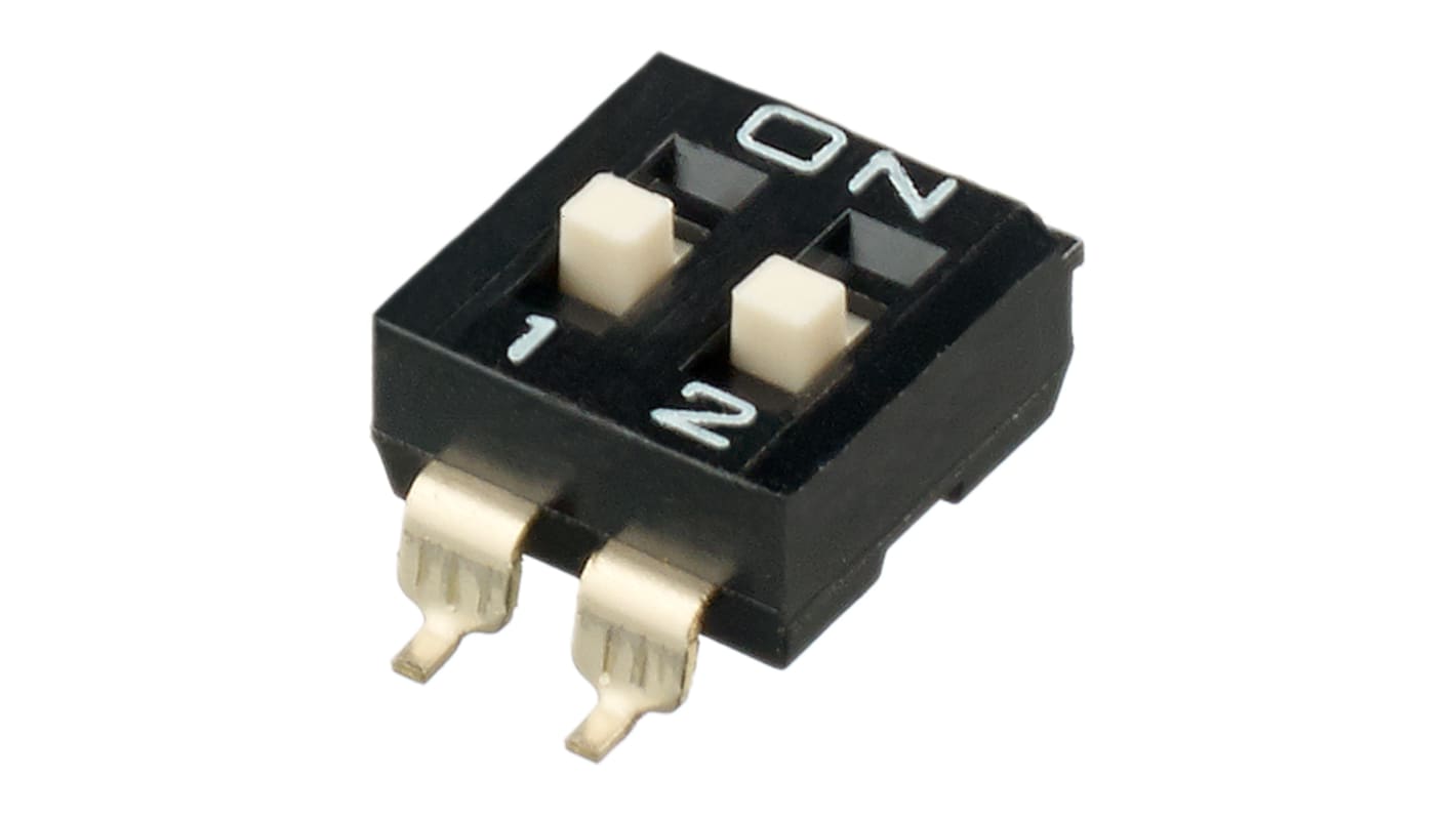 DIP switch, 1-polet, , SMD, Hævet aktuatorslæde 100 (ikke-indkoblet) mA ved 50 V dc, 25 (kobling) mA ved 24 V dc,