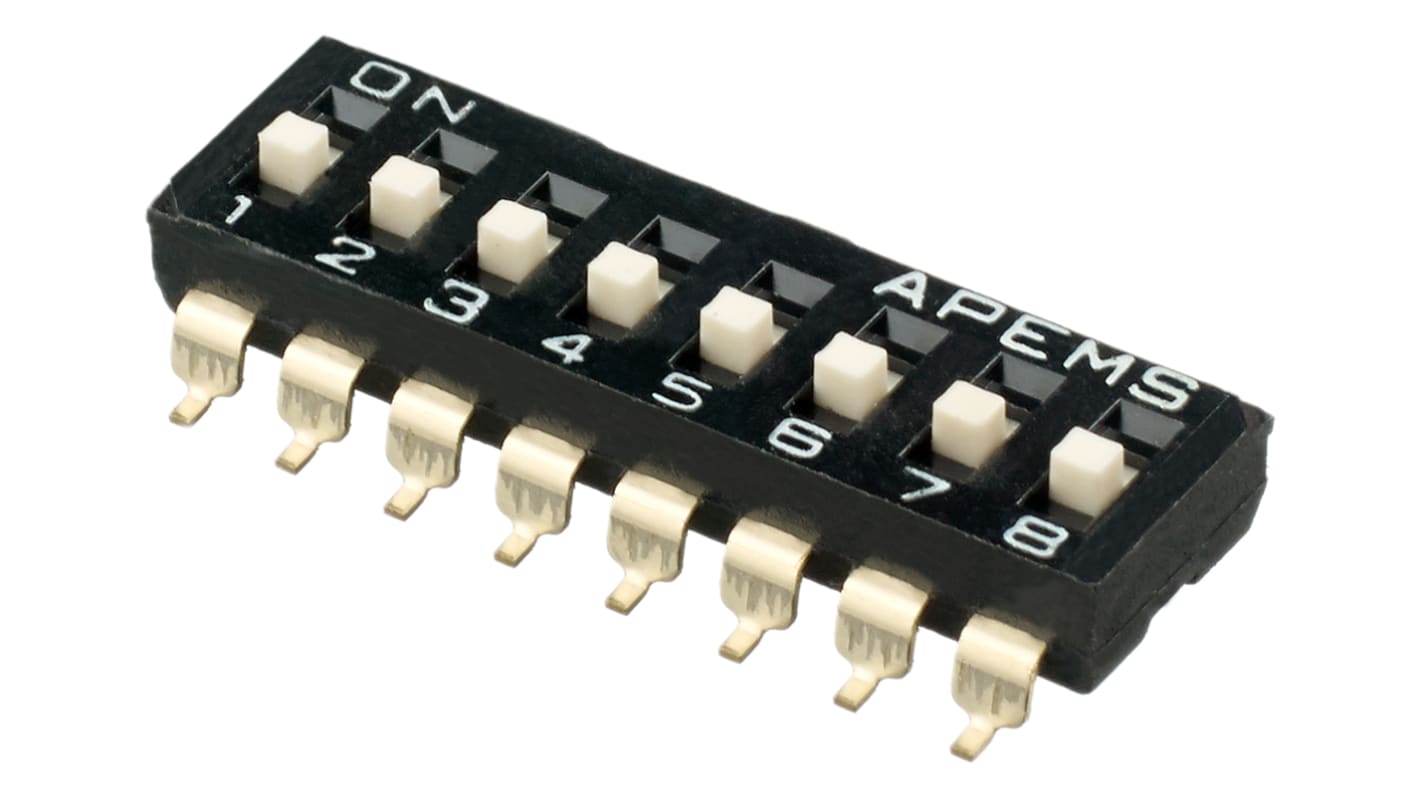 APEM DIP-Schalter 8-stellig 1-poliger Ein-/Ausschalter Phosphorbronze (beweglicher Kontakt) 100 mA (nicht schaltend) @