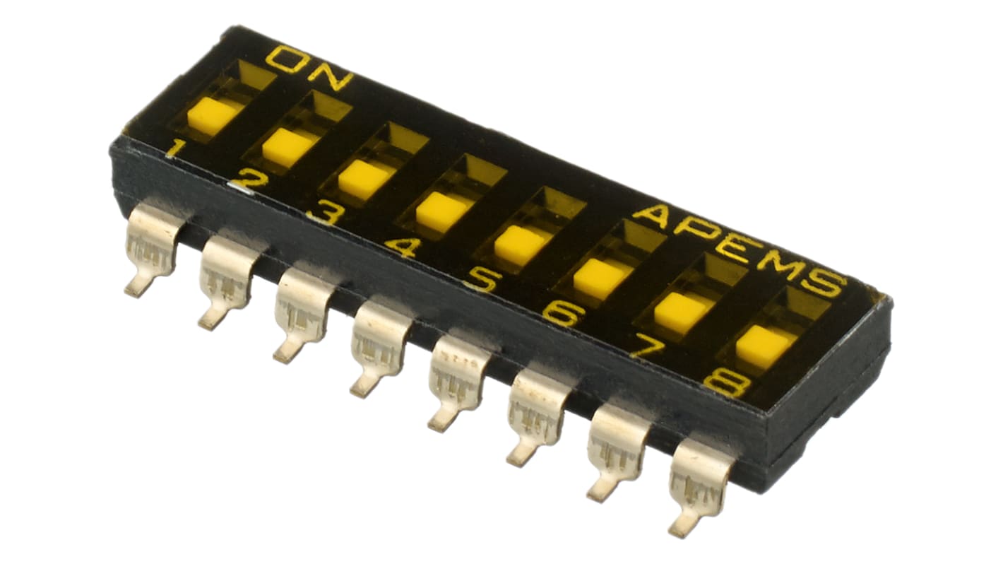 APEM DIP-Schalter Vertieftes Betätigungselement, Schieber 8-stellig 1-poliger Ein-/Ausschalter Phosphorbronze