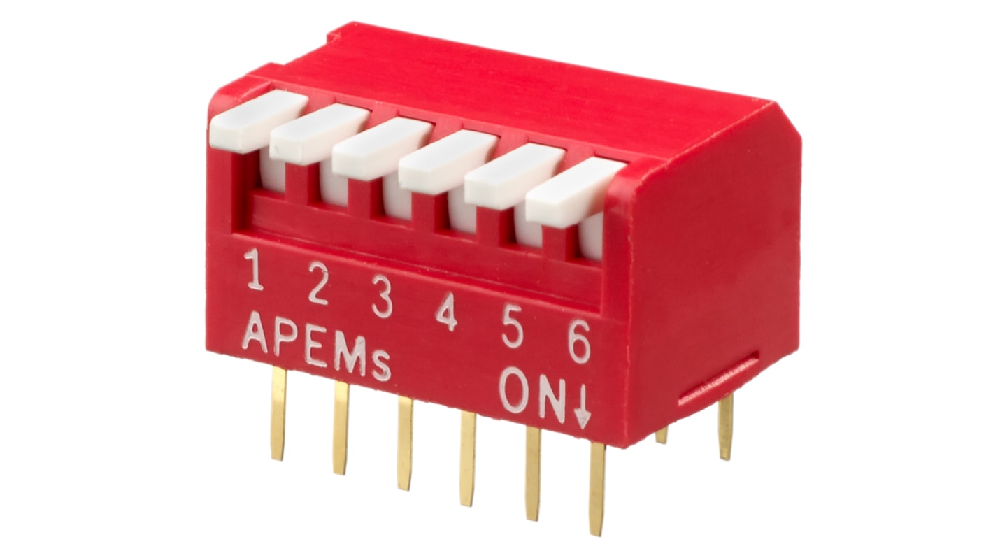 Dip switch piano DPL06V, SPST, 25 mA, 6 posizioni, attuatore Piano, Foro passante