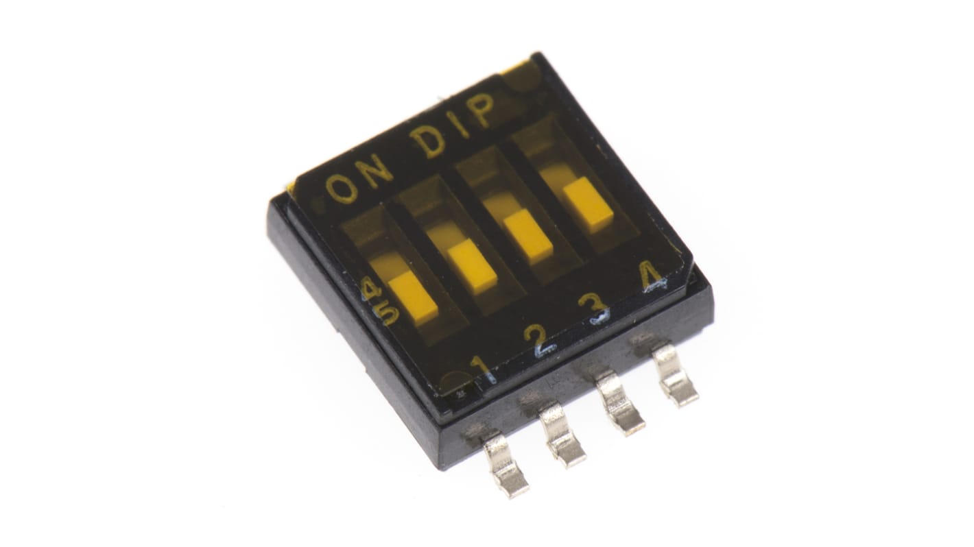 DIP kapcsoló SPST, Felületre szerelhető, működtető típusa: Süllyesztett csúszkás, 25 mA 24 V DC esetén, 4-pozíciós, -40