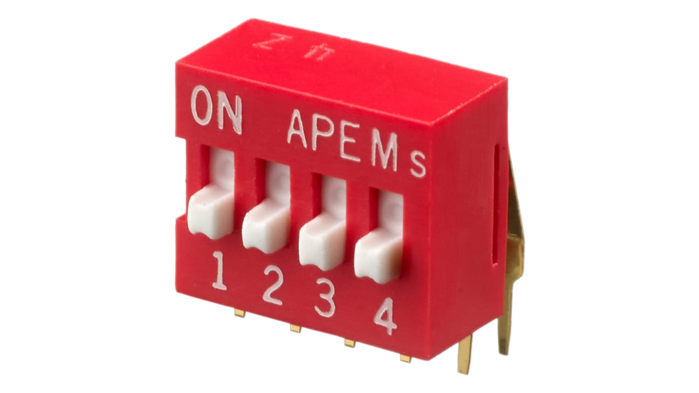 Interruptor DIP, SPST, Montaje en orificio pasante, Actuador Elevado, 25 mA, 4 vías, -20 → +70°C