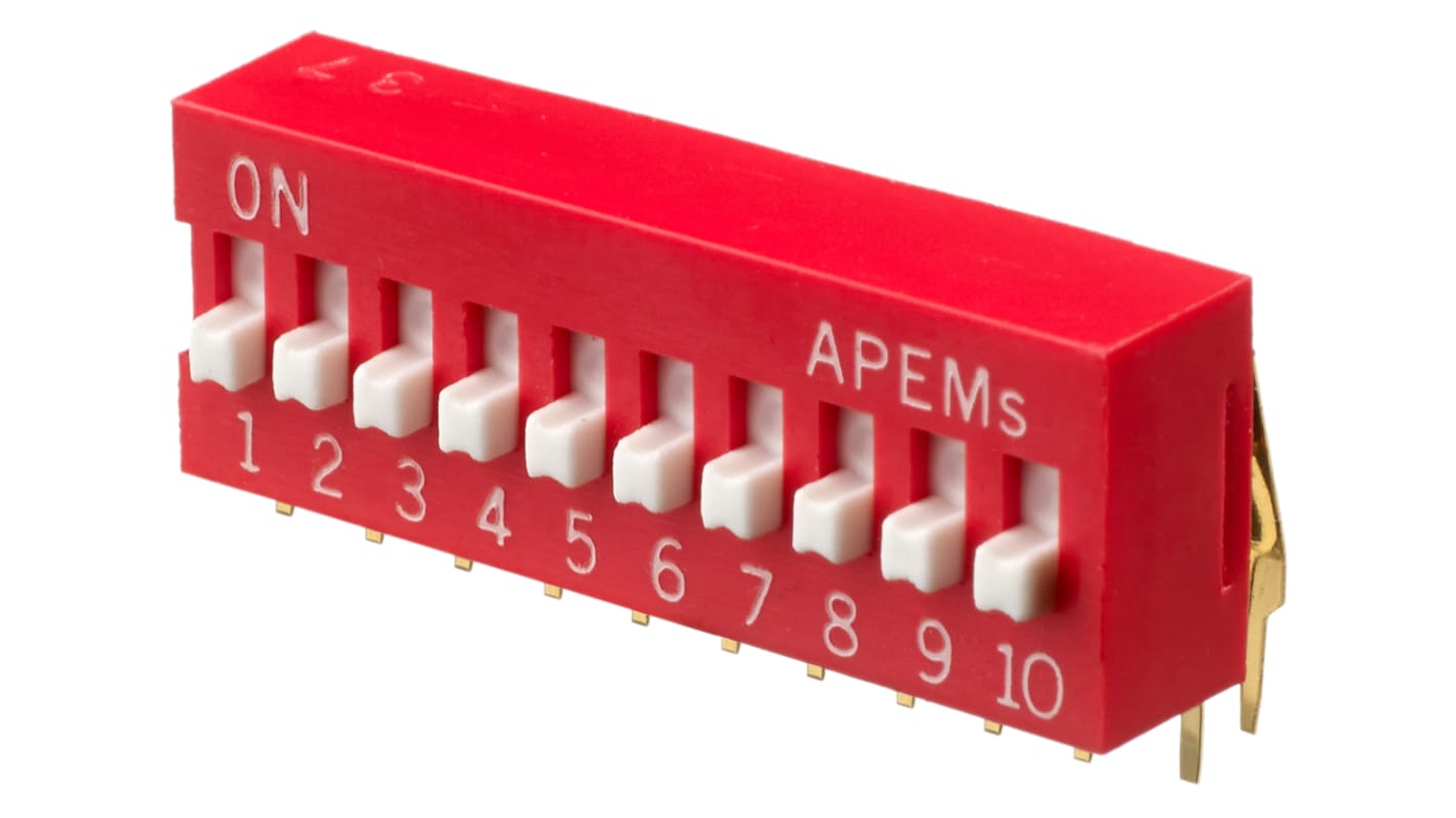 APEM THT DIP-Schalter 10-stellig 1-poliger Ein-/Ausschalter Phosphorbronze 25 mA, bis +70°C