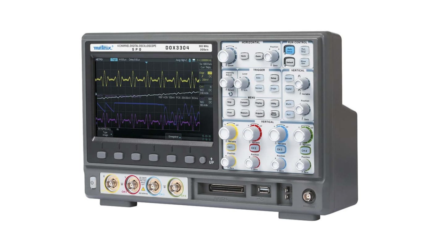 Osciloscopio de banco Metrix DOX3304, canales:4 A, 300MHZ, pantalla de 8plg, interfaz CAN, LIN, RS232, SPI, UART, USB