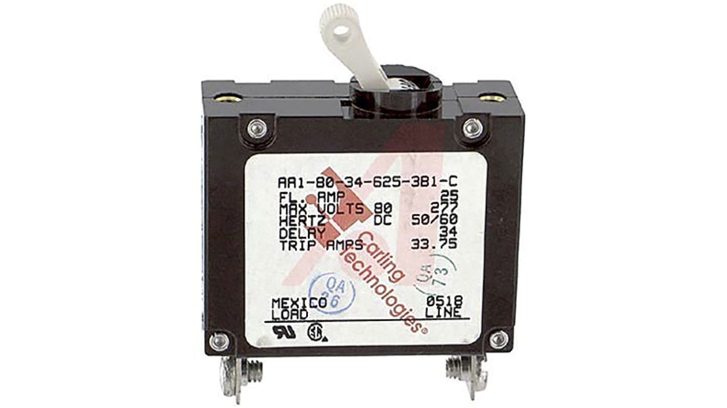 Carling Technologies Thermal Magnetic Circuit Breaker - A Single Pole Panel Mount, 25A Current Rating