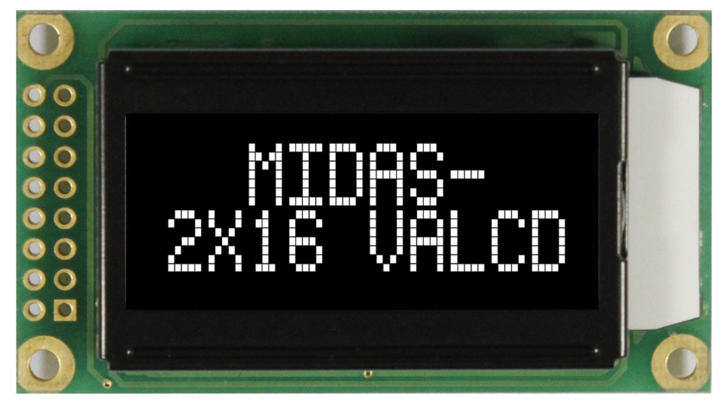 Display monocromo LCD alfanumérico Midas MC20805 de 2 filas x 8 caract., transmisivo, área 38 x 16mm