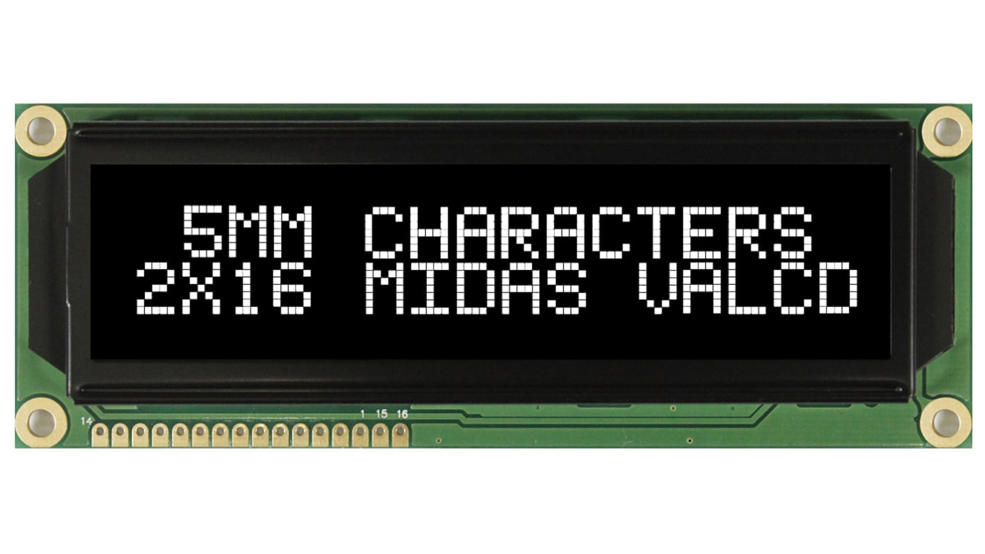 Midas MC21605G12W-VNMLW MC21605 Alphanumeric LCD Display Black, 2 Rows by 16 Characters, Transmissive