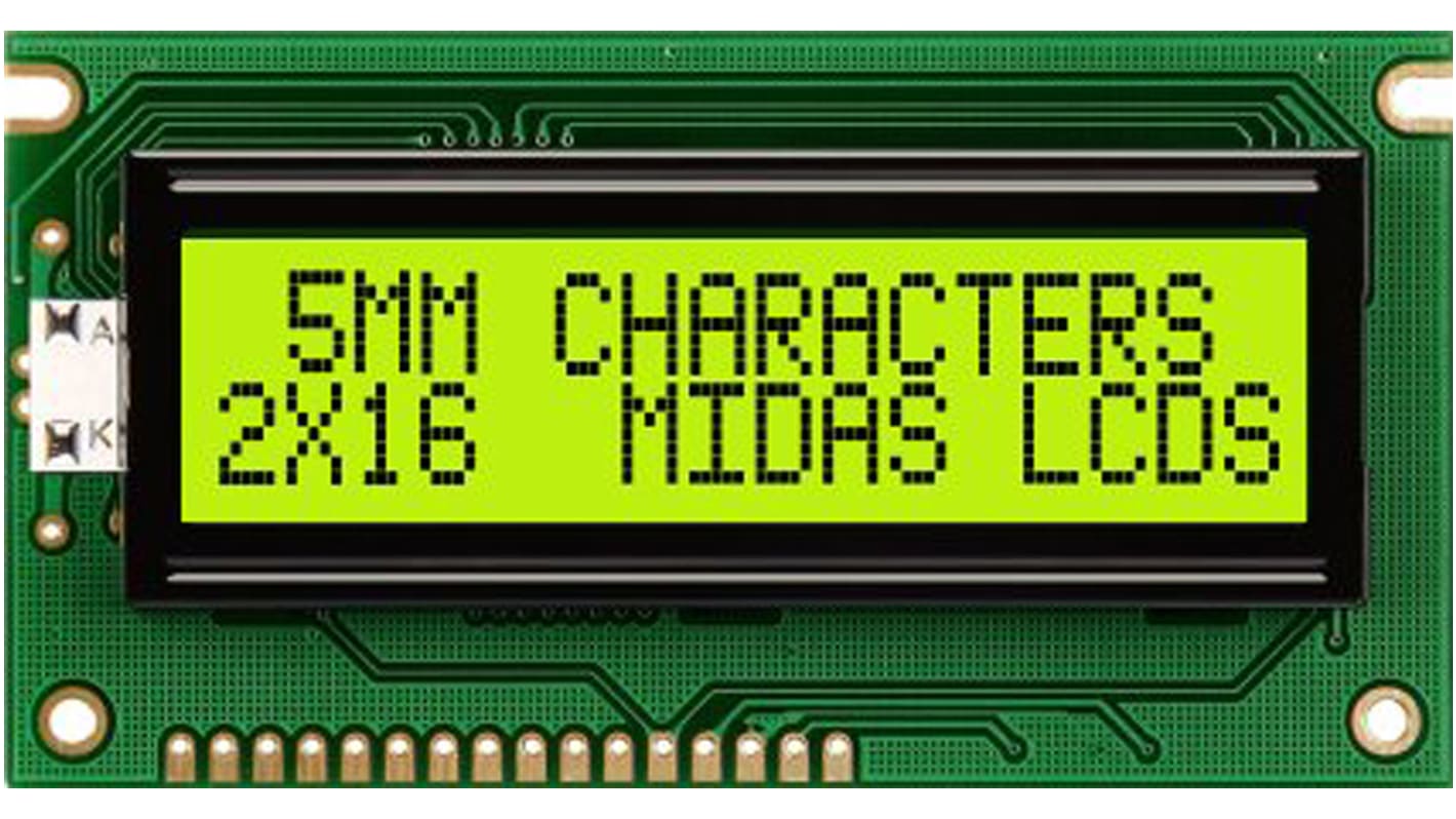 Midas MC21605A6W-SPR MC21605A Alphanumeric LCD Display Green, 2 Rows by 16 Characters, Reflective