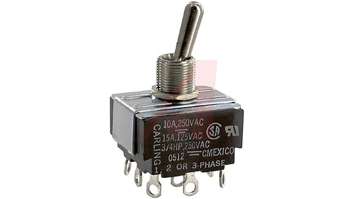 Carling Technologies Toggle Switch, Panel Mount, On-On, 3PDT, Solder Lug Terminal, 250V ac