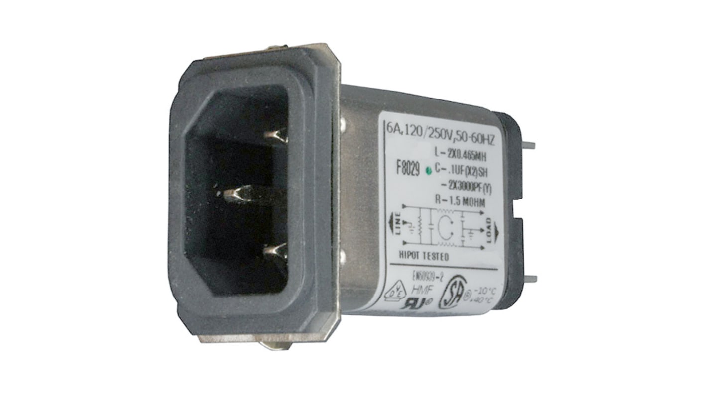 TE Connectivity 15A, 250 V ac Male Snap-In IEC Filter 1-6609006-8, Spade None Fuse