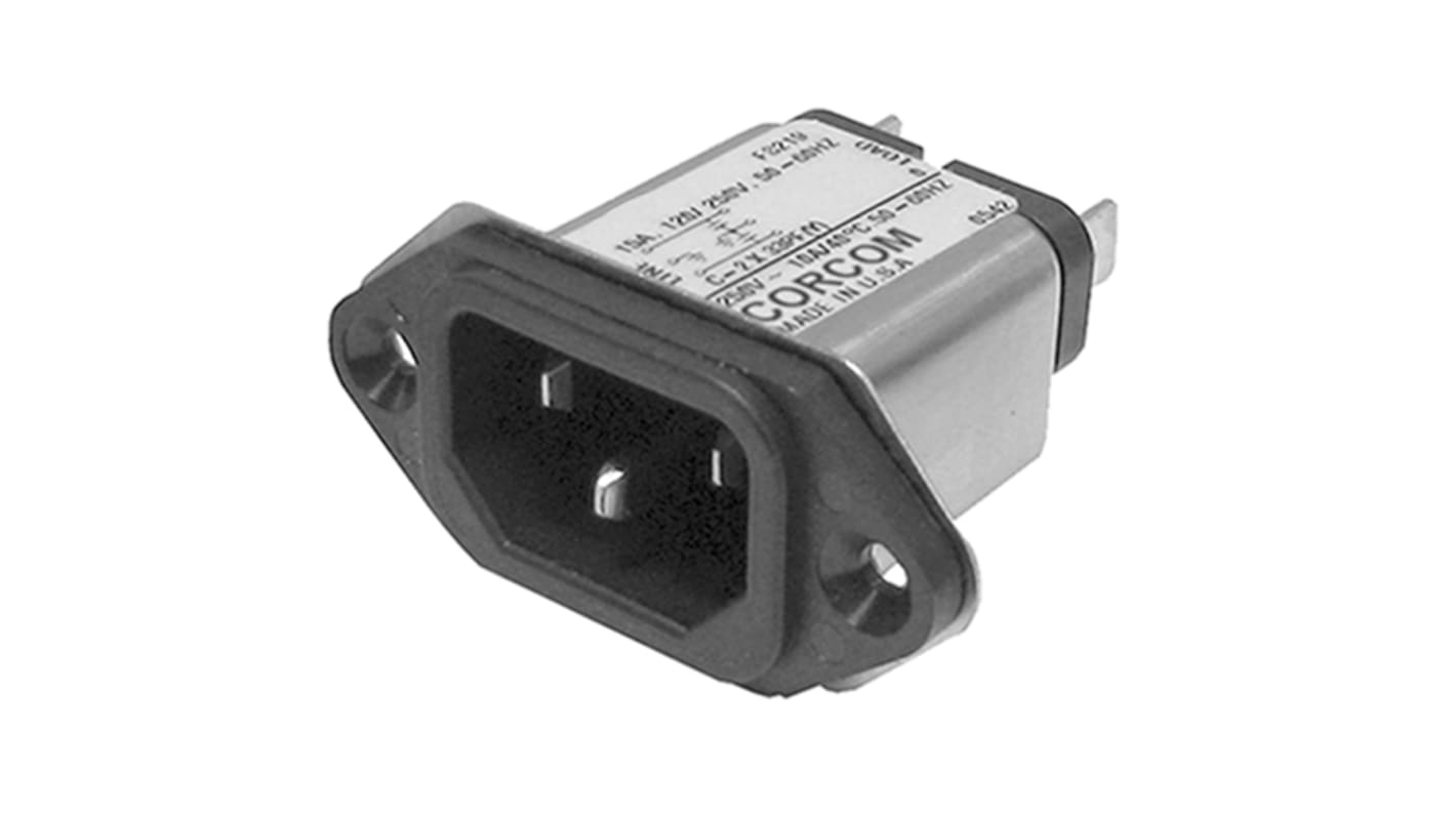 TE Connectivity 15A, 250 V ac Male Flange Mount IEC Filter 6609987-5, Spade None Fuse