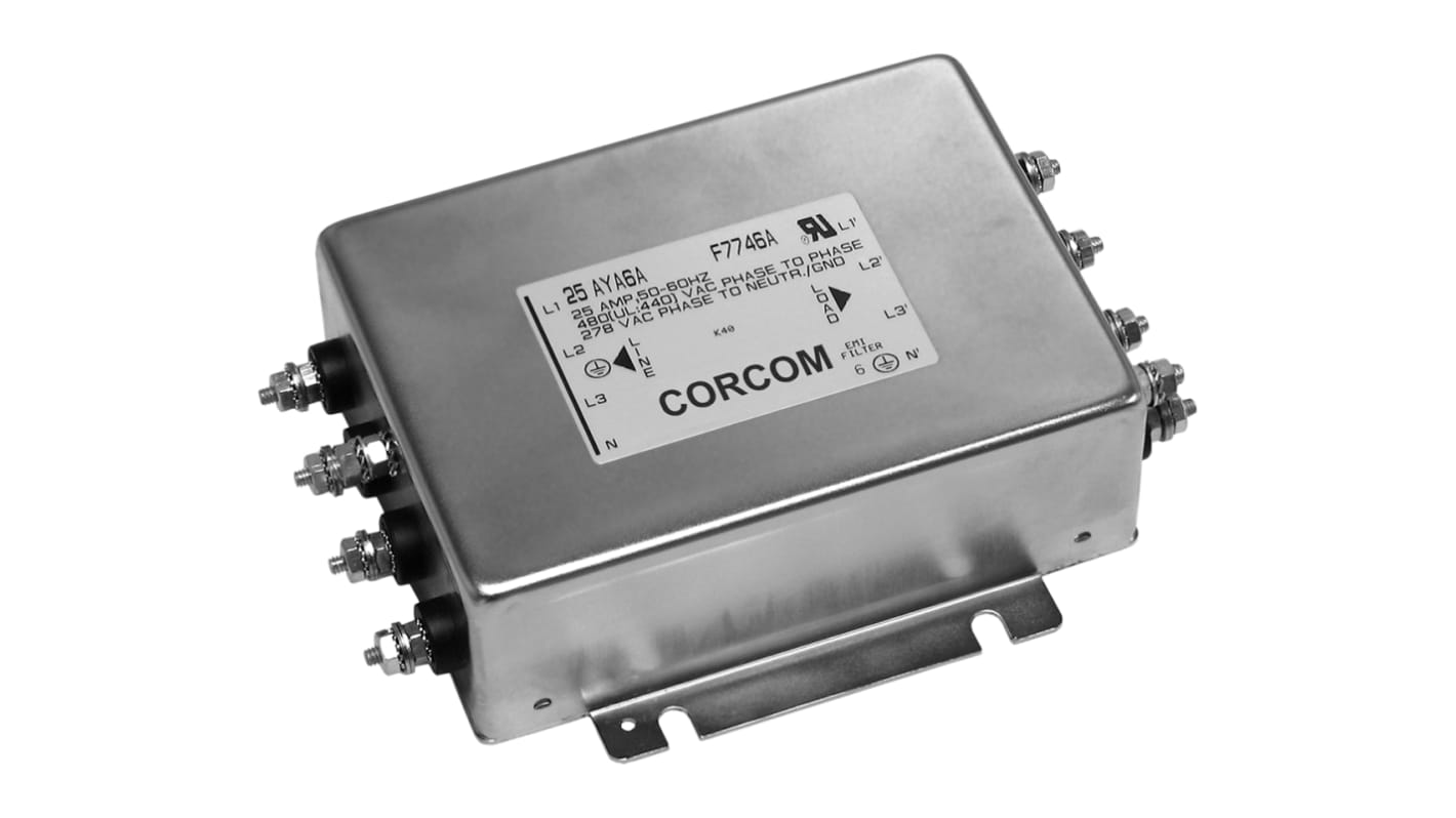 Filtre RFI TE Connectivity, 25A max, 3 phases, 250 V c.a. (PH → G), 440 V c.a. (PH → PH) max, Montage sur