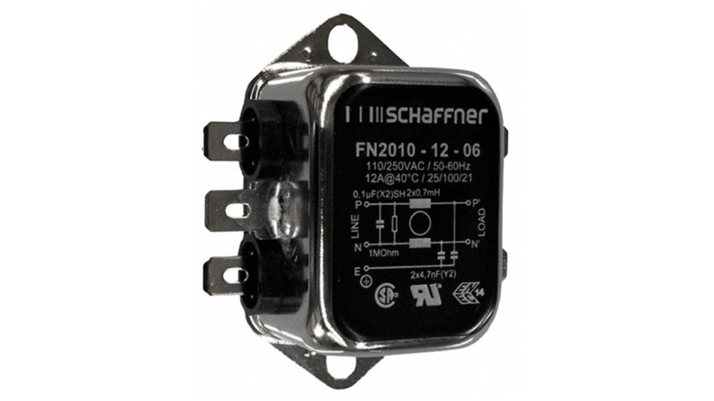 Filtr EMI, řada: FN2010, 4.7nF, 250 V AC/DC, 0 → 400Hz, Montáž na rám 700 μH, Rychlé nasazení, 12A, 0,74 mA,