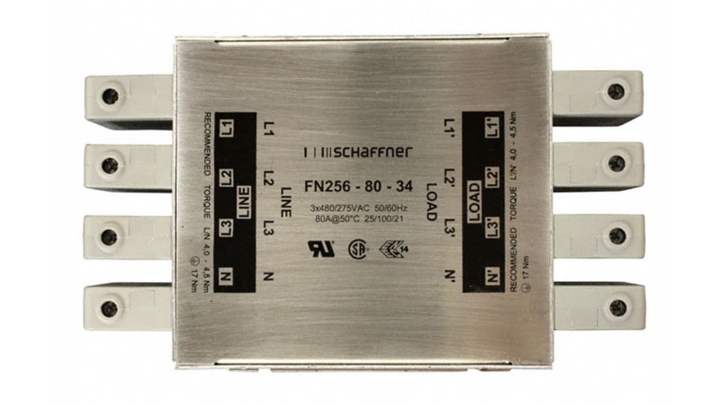 Schaffner, FN256 80A 3 x 480 V ac 0 → 60Hz, Chassis Mount RFI Filter, Terminal Block 3 Phase