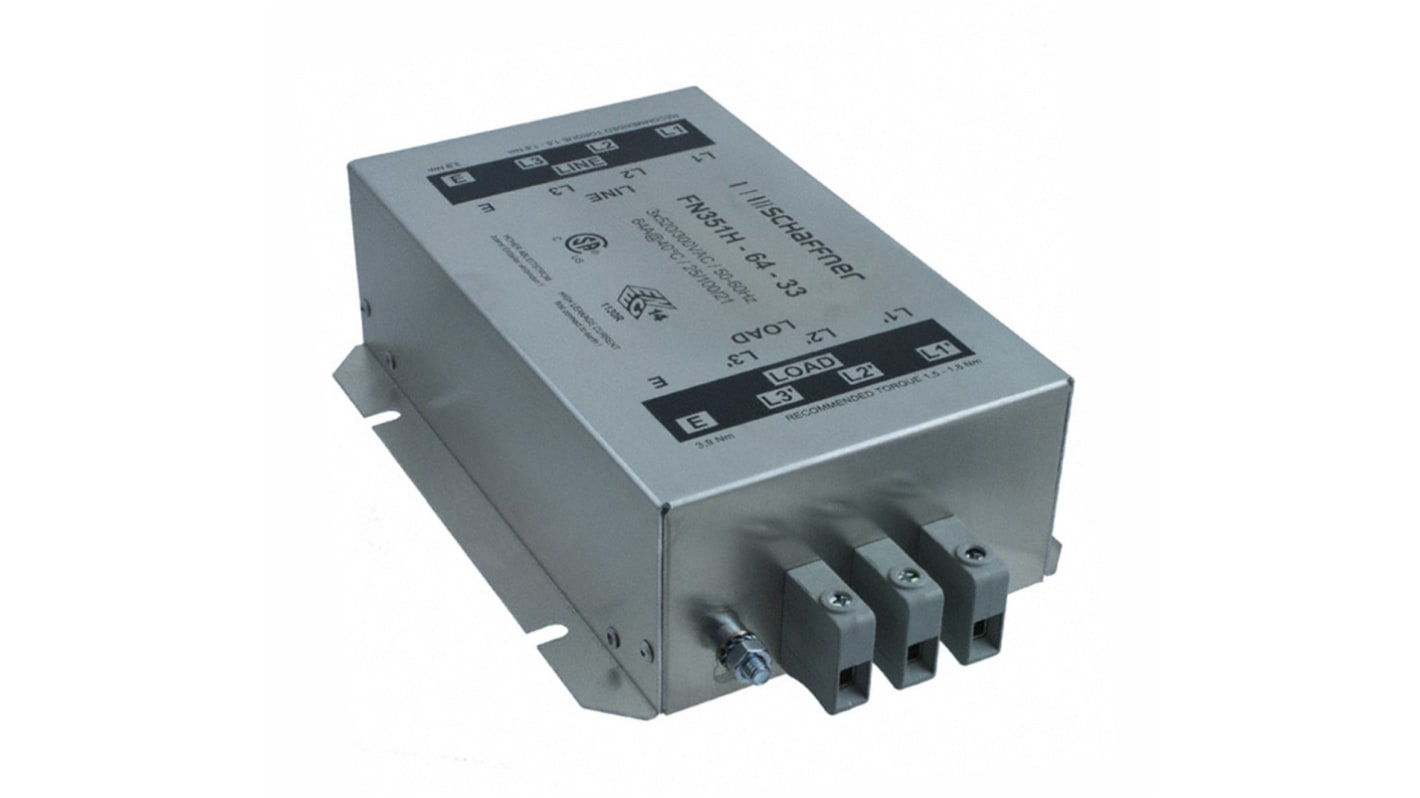 Schaffner, FN351 64A 3 x 520/300 V ac 0 → 60Hz, Chassis Mount RFI Filter, Terminal Block 3 Phase