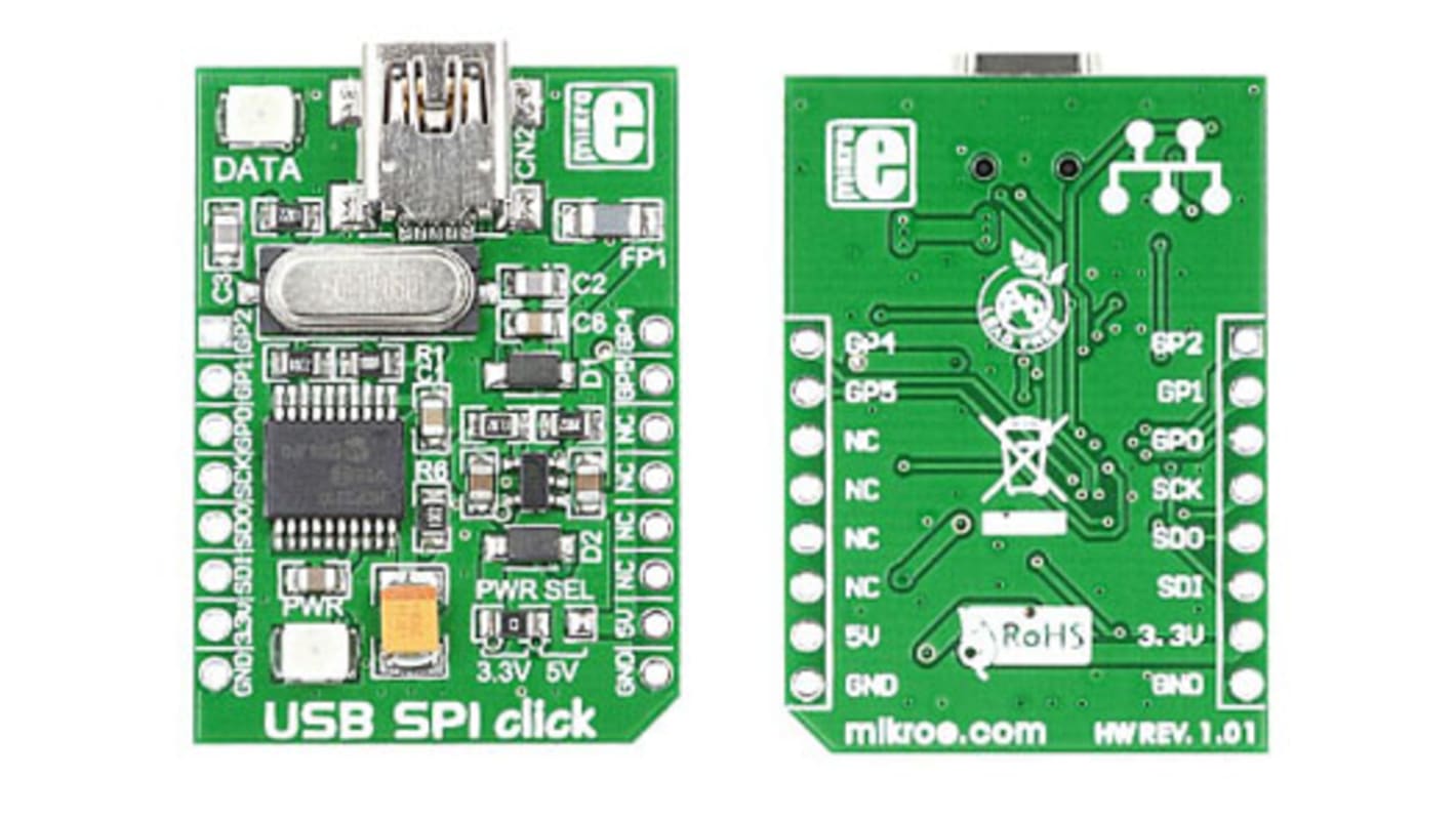 Komunikační a bezdrátový vývojový nástroj, pro USB na sériový, USB SPI click, MikroElektronika