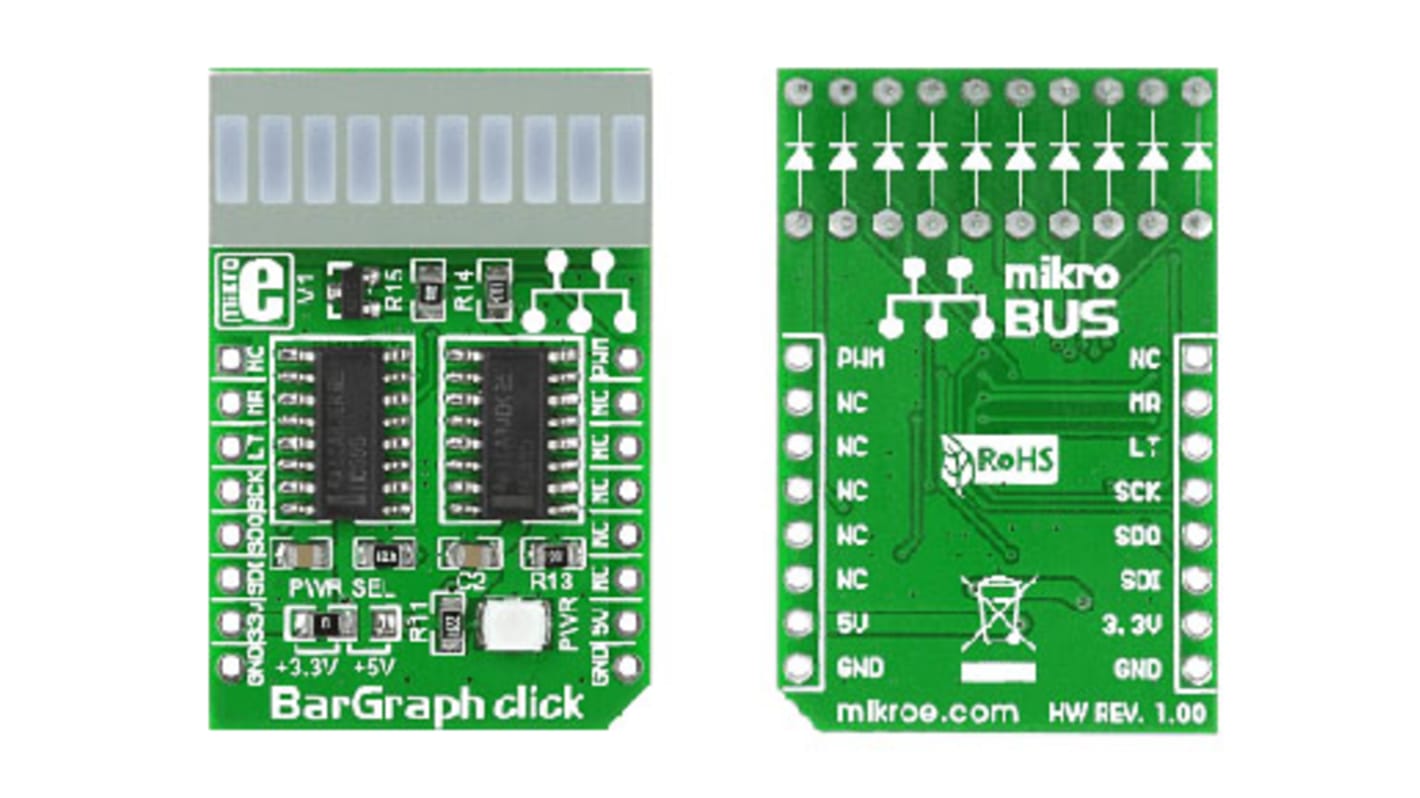 MikroElektronika, ディスプレイボード 10セグメントディスプレイ アドオンボード 74HC595 BarGraph click