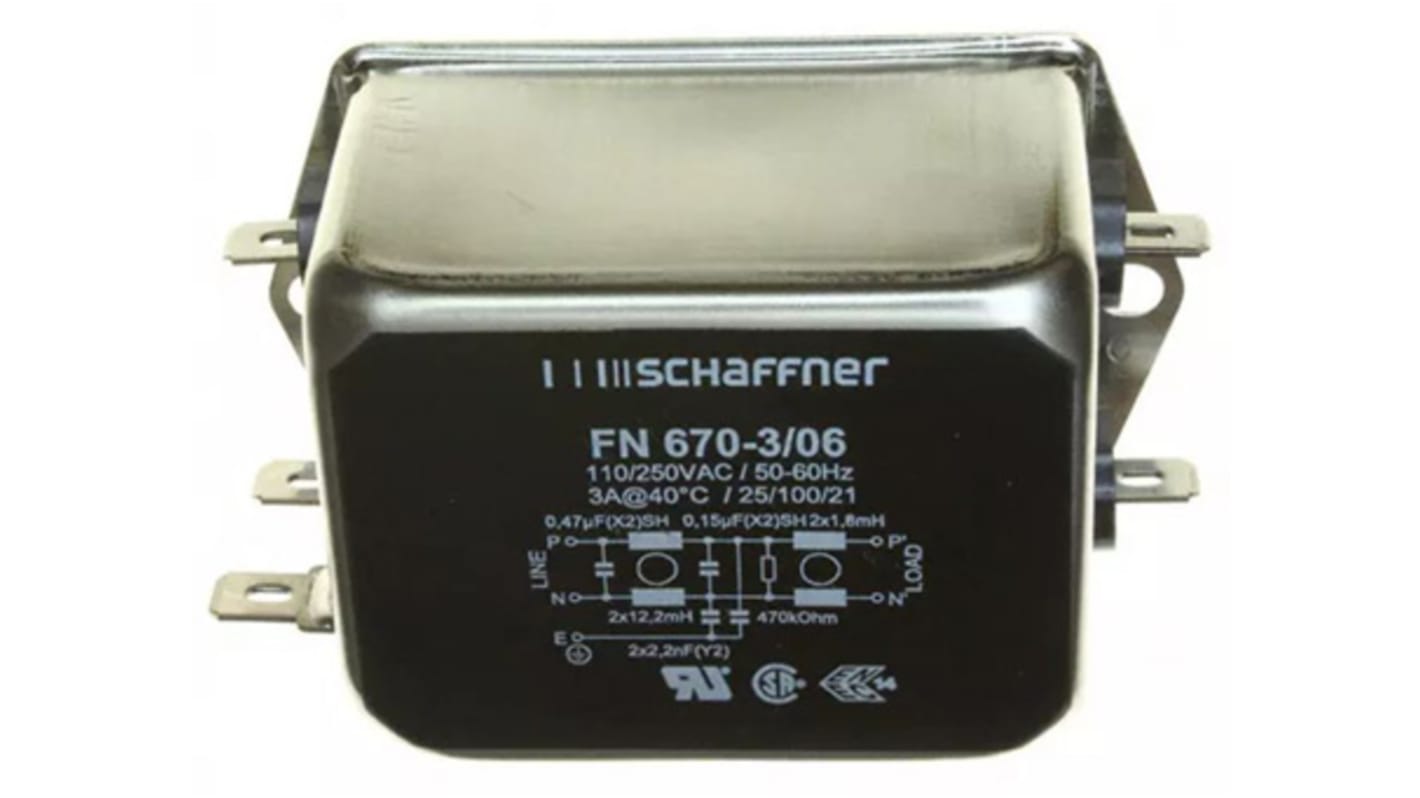 Filtr EMI 3A 1-fazowy 470kΩ 250 V AC DC → 400Hz 1,8 mH, 12,2 mH Schaffner Montaż w obudowie