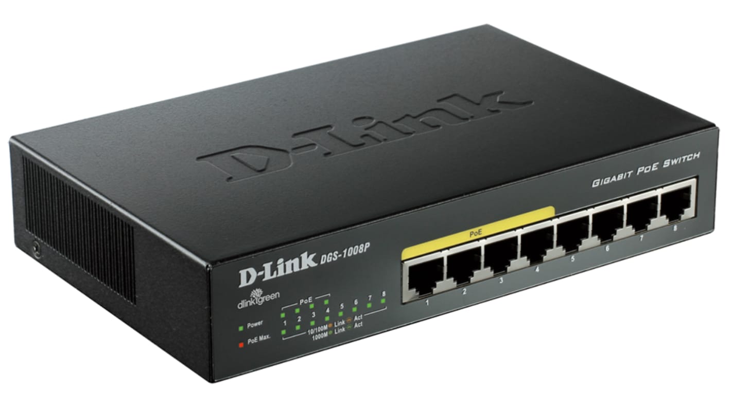 D-Link Unmanaged PoE Ethernet-switch, med 8 Porte, 10/100/1000Mbit/s