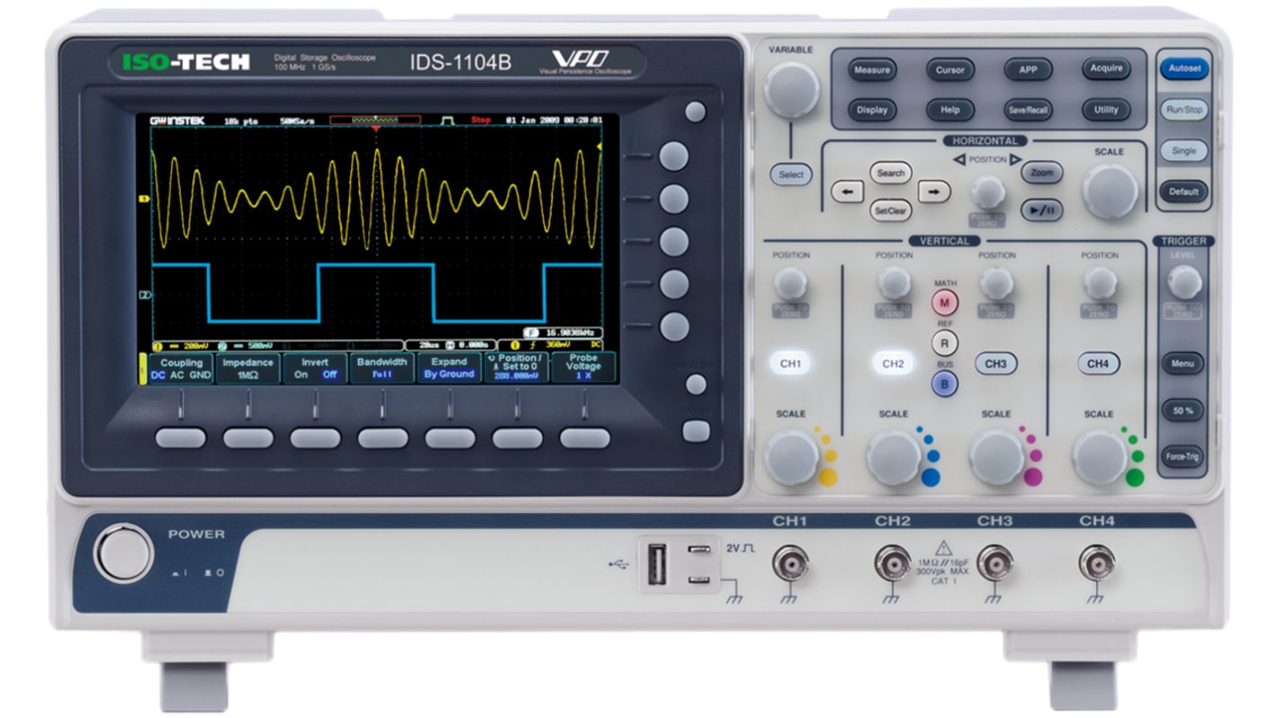 ISO-TECH IDS-1104B IDS Series Digital Storage Digital Oscilloscope, 4 Analogue Channels, 100MHz - UKAS Calibrated