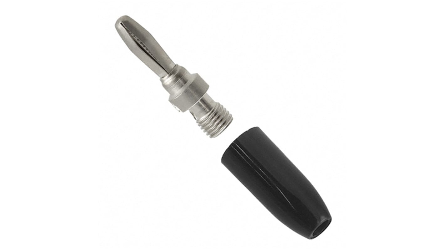Cinch Connectors Black Male Banana Plug, 4 mm Connector, Solder Termination, 15A, 1750V, Nickel Plating