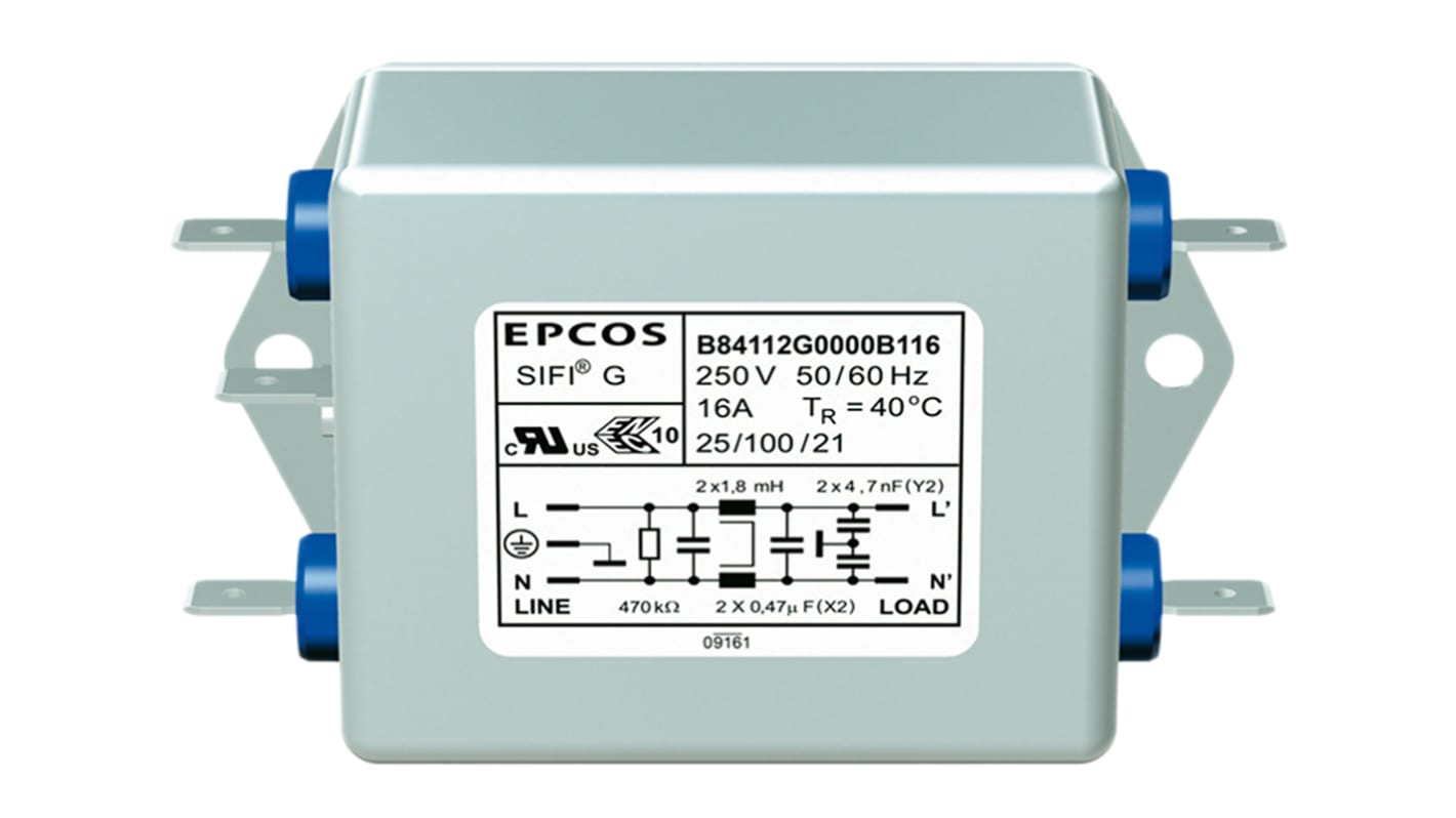 Filtro EMC EPCOS 0.1 x 25 μF, 4700 x 2pF, 2A, 250 V ac/dc, 50 → 60Hz 12 x 2 mH, Montaje en Panel, con terminales