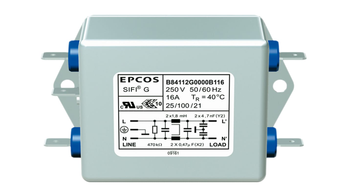 EPCOS EMCフィルタ 単相 8A シャーシーマウント 0.47 x 2 μF, 4700 x 2pF 2.5 x 2 mH 0.369 mA Single Stage