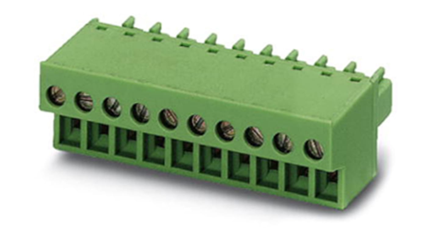 Borne enchufable para PCB Hembra Ángulo recto Phoenix Contact de 17 vías , paso 3.81mm, 8A, de color Verde, montaje de