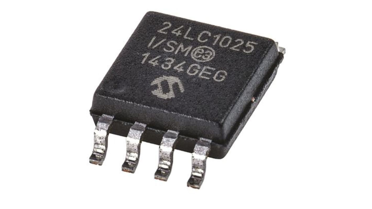 Memoria EEPROM serie 24LC1025-I/SM Microchip, 1Mbit, 128 x, 8bit, Serie I2C, 900ns, 8 pines SOIJ