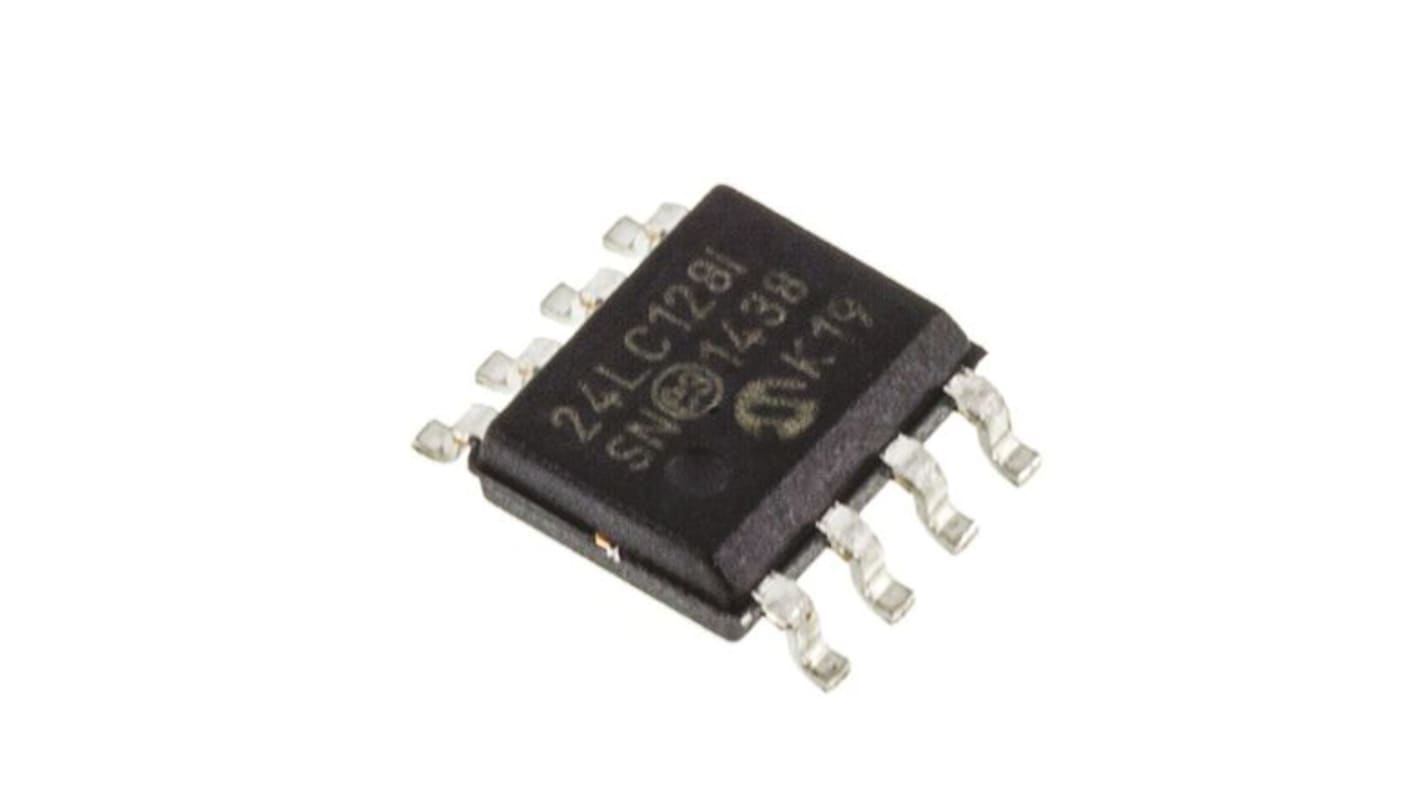 Memoria EEPROM serie 24LC128-I/SN Microchip, 128kbit, 16k x, 8bit, Serie I2C, 900ns, 8 pines SOIC