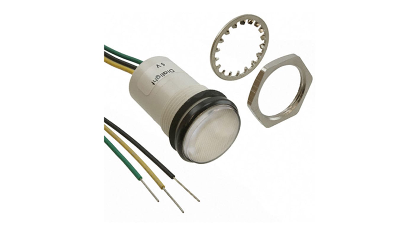 Dialight Green, Yellow Indicator, 5V dc, 17.5mm Mounting Hole Size, Lead Wires Termination