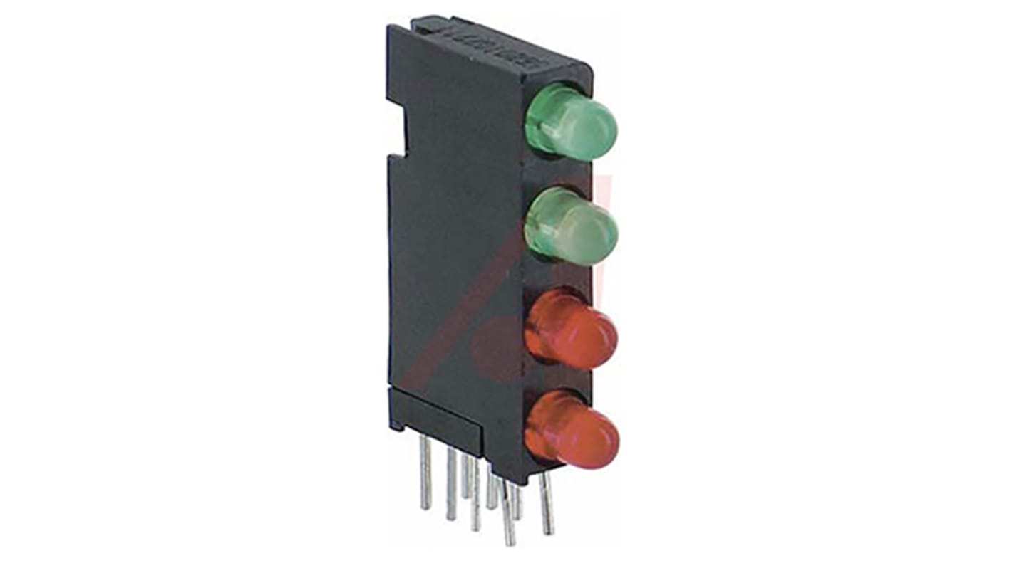 Indicador LED para PCB a 90º Dialight Verde, λ 565 nm, 4 LEDs, 60°, dim. 4.32 x 14.22 x 20.32mm, mont. pasante