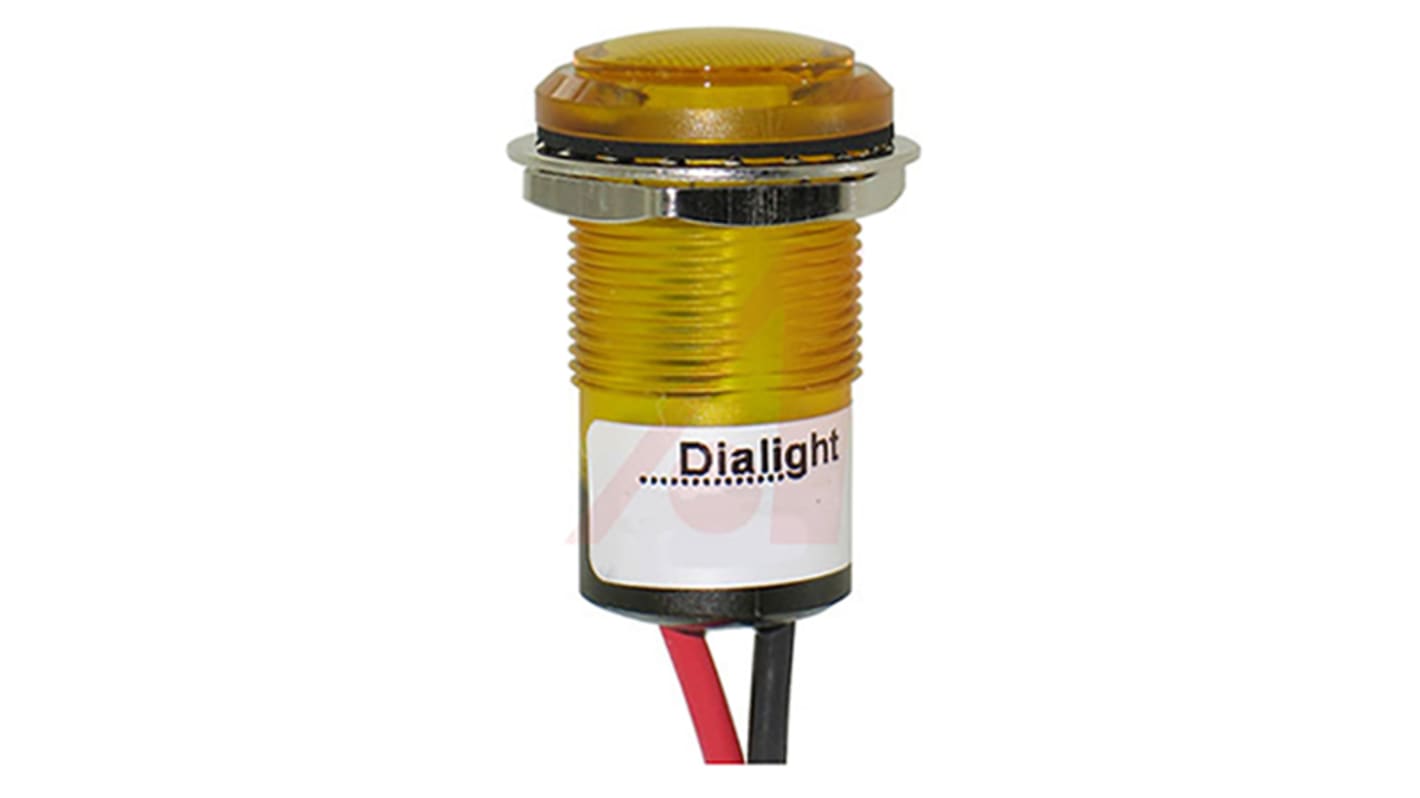 Dialight Yellow Panel Mount Indicator, 24V dc, 17.5mm Mounting Hole Size, Lead Wires Termination, IP67