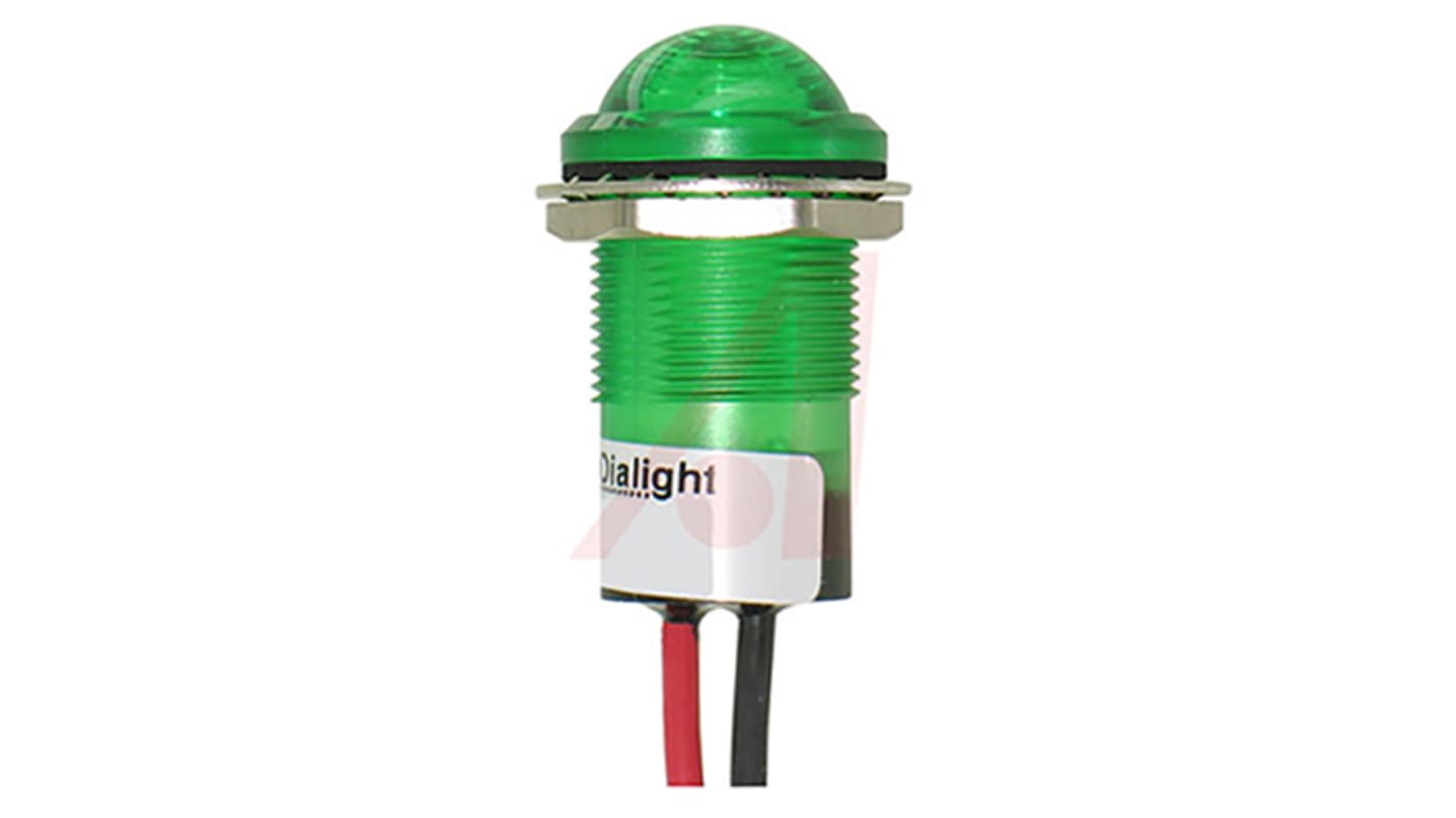 Dialight Green Panel Mount Indicator, 5V dc, 17.5mm Mounting Hole Size, Lead Wires Termination, IP67