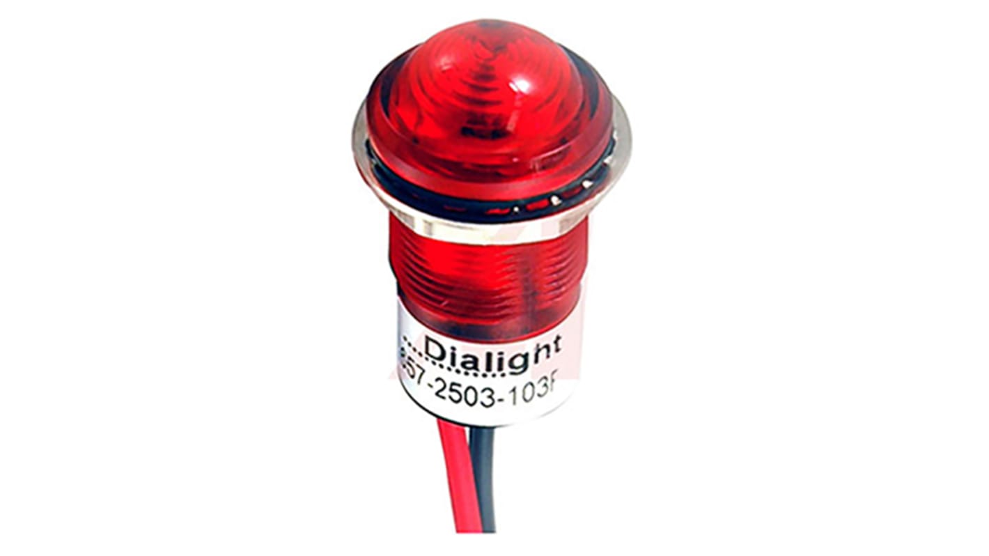 Dialight Red Panel Mount Indicator, 24V dc, 17.5mm Mounting Hole Size, Lead Wires Termination, IP67