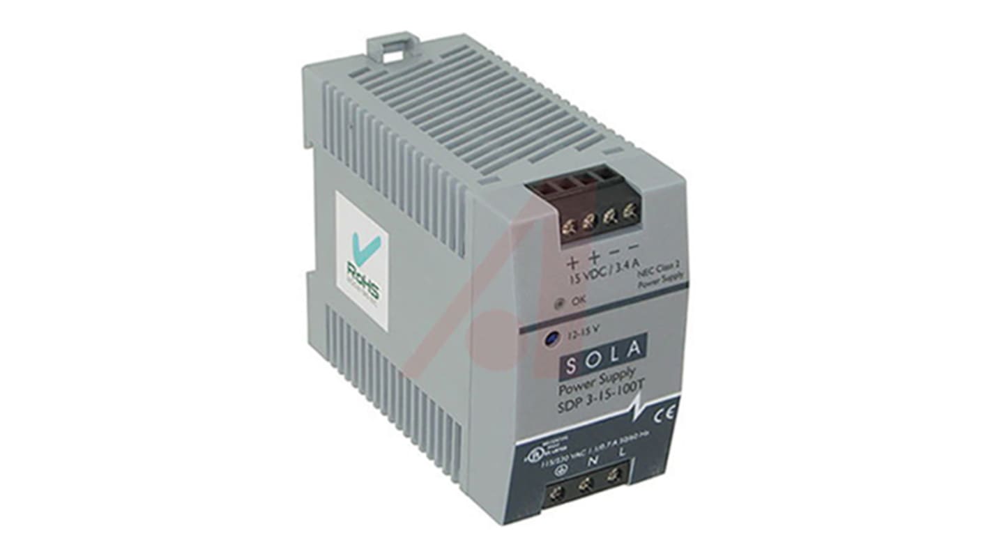 Sola SDP DIN Rail Power Supply, 85 → 264 V ac / 90 → 375V dc ac, dc Input, 15V dc dc Output, 3.4A Output,