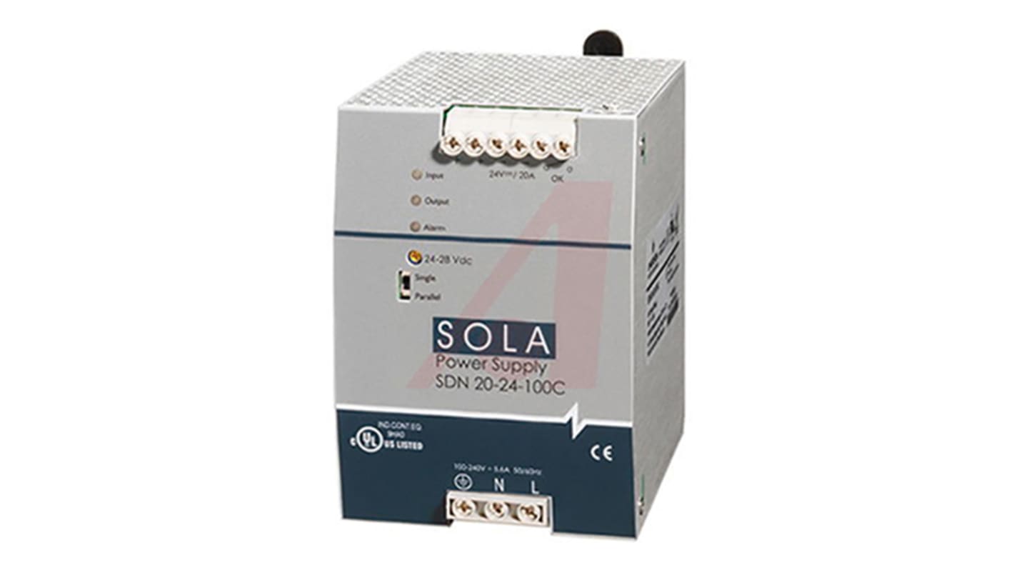 SolaHD SDN-C DIN Rail Power Supply, 85 → 264 V ac / 90 → 375V dc ac, dc Input, 24V dc dc Output, 20A