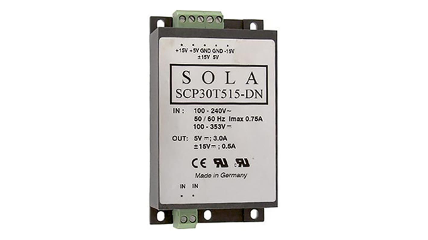 SolaHD SCP Switch-mode DIN-skinnemonteret strømforsyning, 30W 5 V dc, ±15 V dc