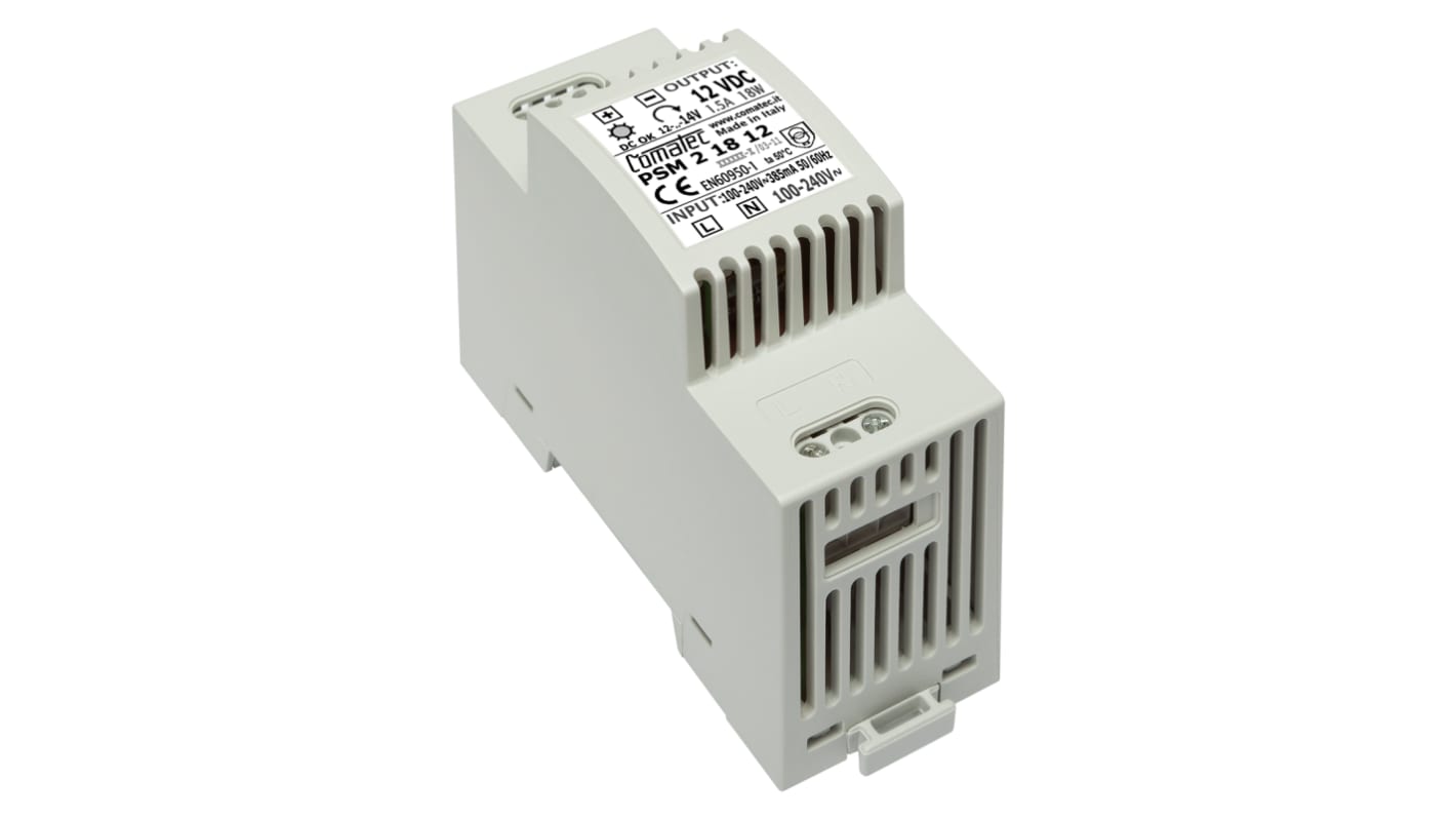 Comatec DIN-sín tápellátás, BE: 90 → 260V ac, 1 kimenet, 12V dc, 1.5A, 18W