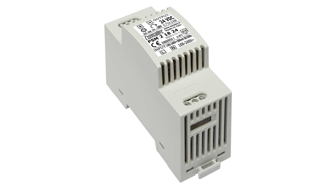 Comatec PSM2 Switched Mode DIN Rail Power Supply, 90 → 260V ac ac Input, 24V dc dc Output, 750mA Output, 18W
