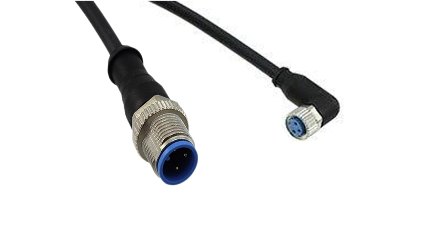 TE Connectivity Right Angle Female 3 way M8 to Straight Male 3 way M8 Sensor Actuator Cable, 1.5m