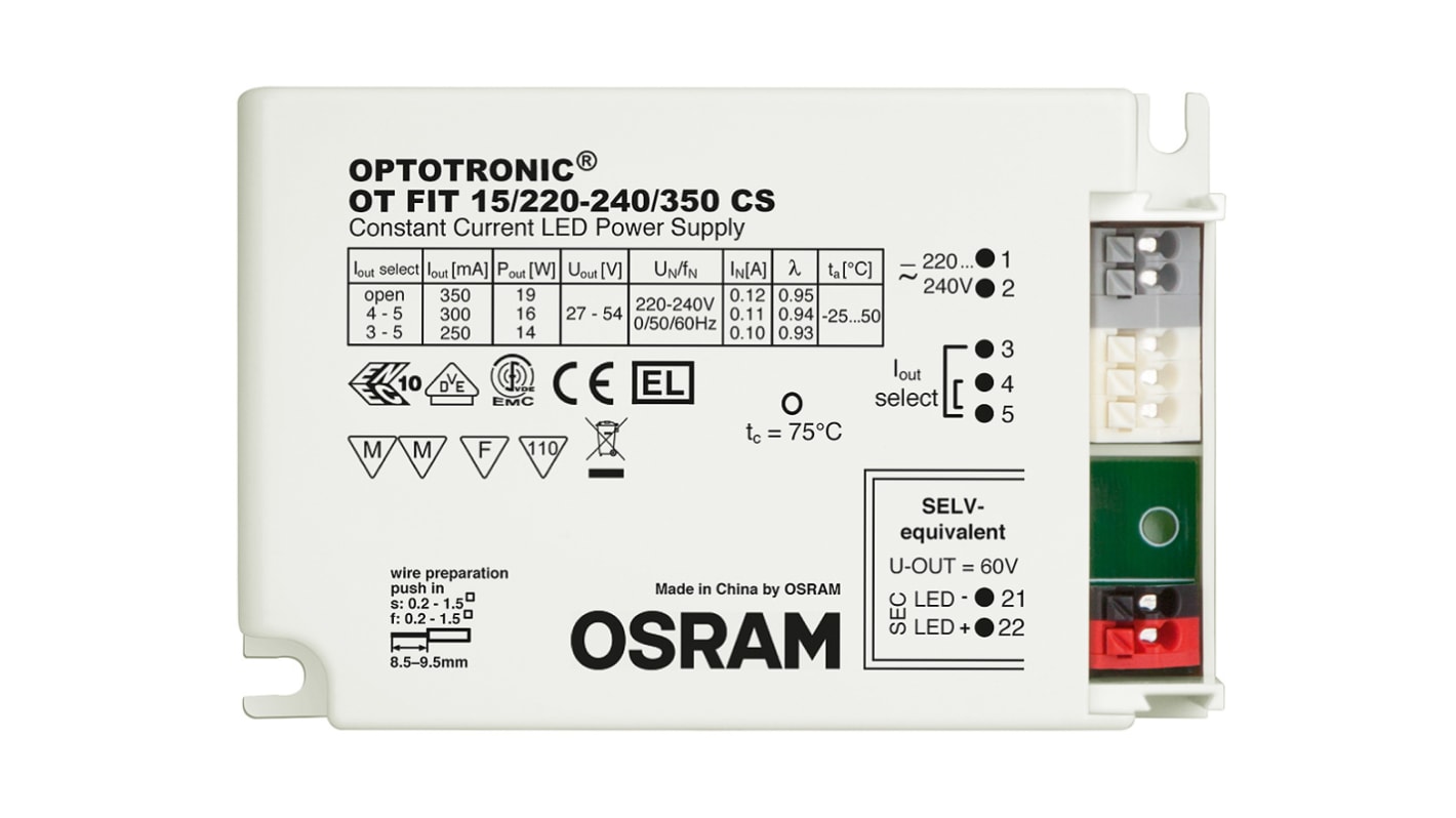 Osram LED meghajtó modul OT FIT 15/220-240/350 CS, kimeneti fesz,: 27 → 54V, 350mA, 19W IP20, állandó áram