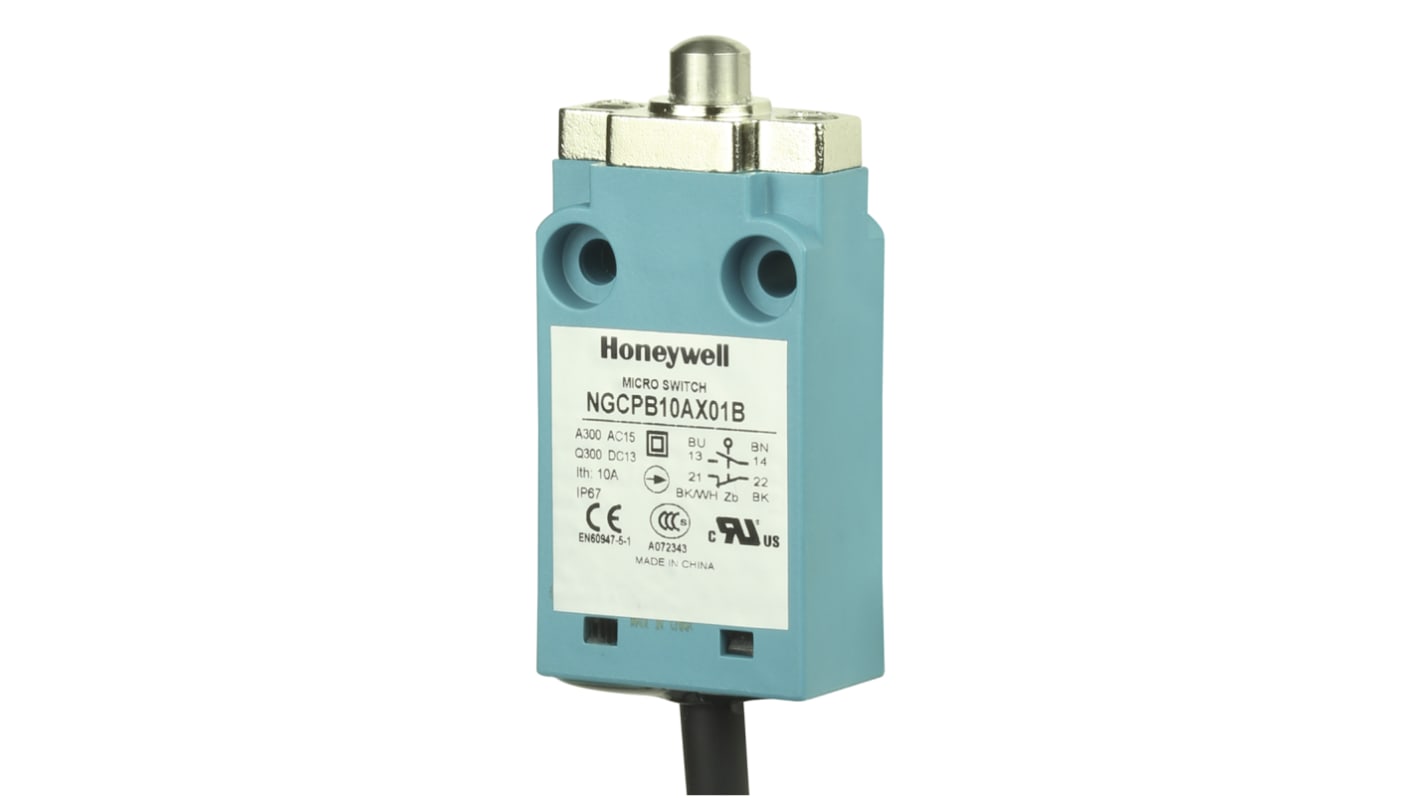 Honeywell NGC Series Plunger Limit Switch, 2NO/2NC, IP67, DPDT, Plastic Housing, 10mA Max