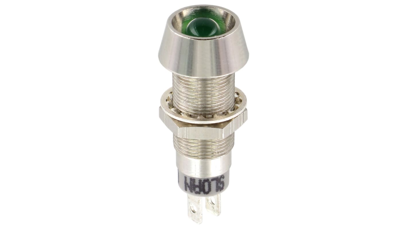 Indicador LED Sloan, Verde, lente rebajada, Ø montaje 8.2 x 7.6mm, 5 → 28V, 20mA, 32500mcd, IP68