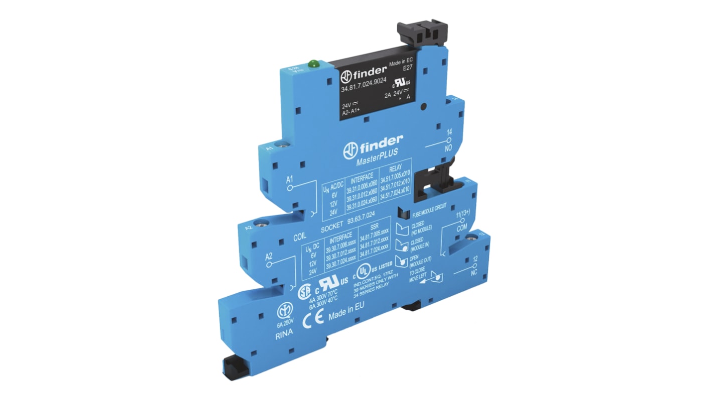 Finder 39 Series Interface Relay Module, DIN Rail Mount, 24 → 230V ac/dc Coil, SPST, 1-Pole