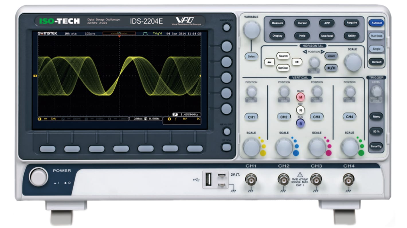 ISO-TECH IDS-2204E IDS-2000E Series Digital Storage Digital Oscilloscope, 4 Analogue Channels, 200MHz - RS Calibrated