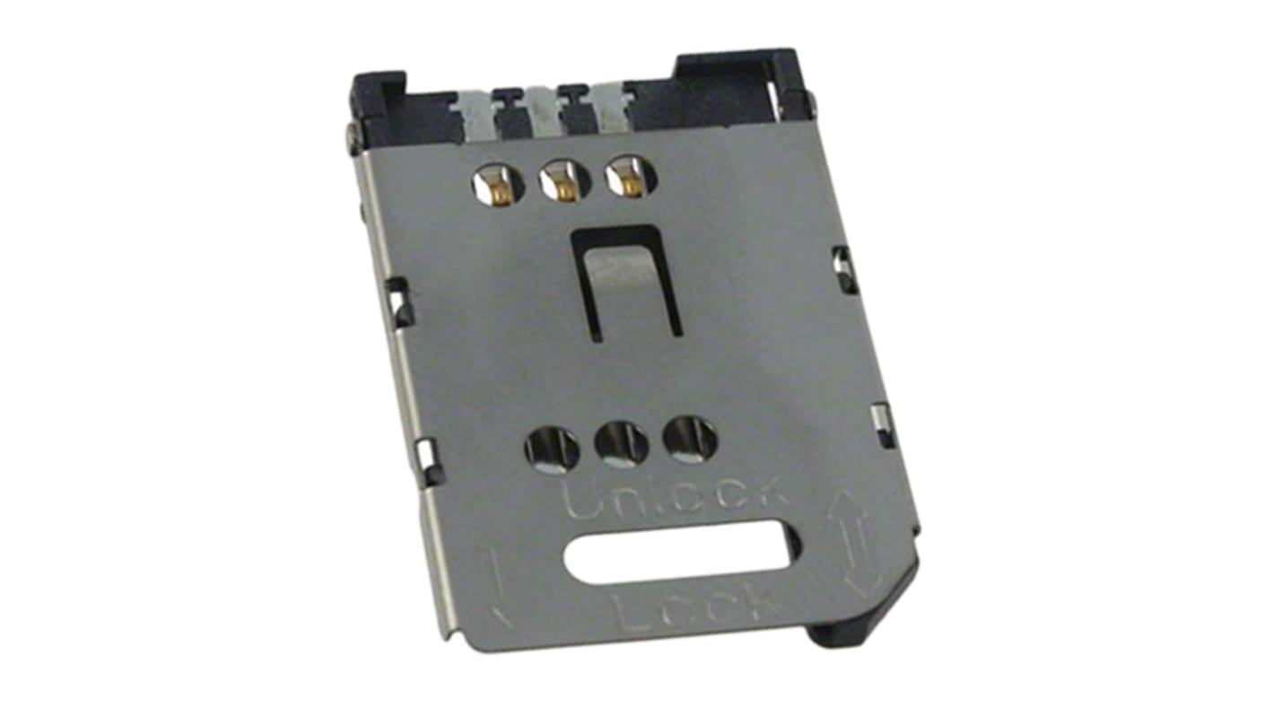 Conector para tarjeta de memoria SIM Molex serie 47388 de 6 contactos, paso 2.54mm, 1 fila, montaje superficial