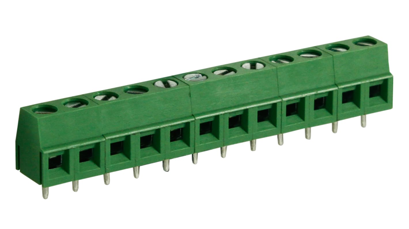 Borne para PCB Macho RS PRO de 12 vías , paso 5mm, 10A, de color Verde, montaje Montaje en orificio pasante,