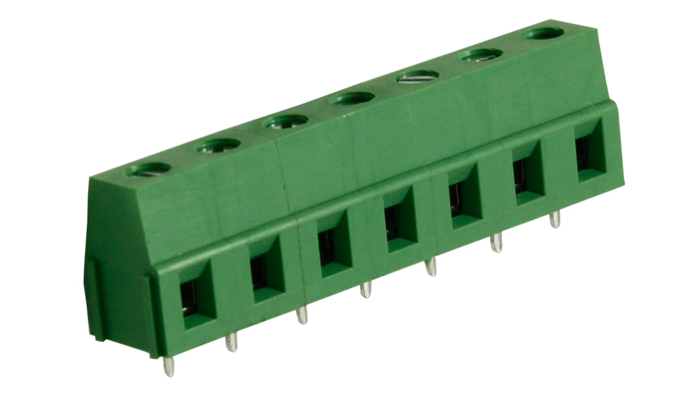 Borne para PCB Macho RS PRO de 7 vías , paso 7.5mm, 10A, de color Verde, montaje Montaje en orificio pasante,