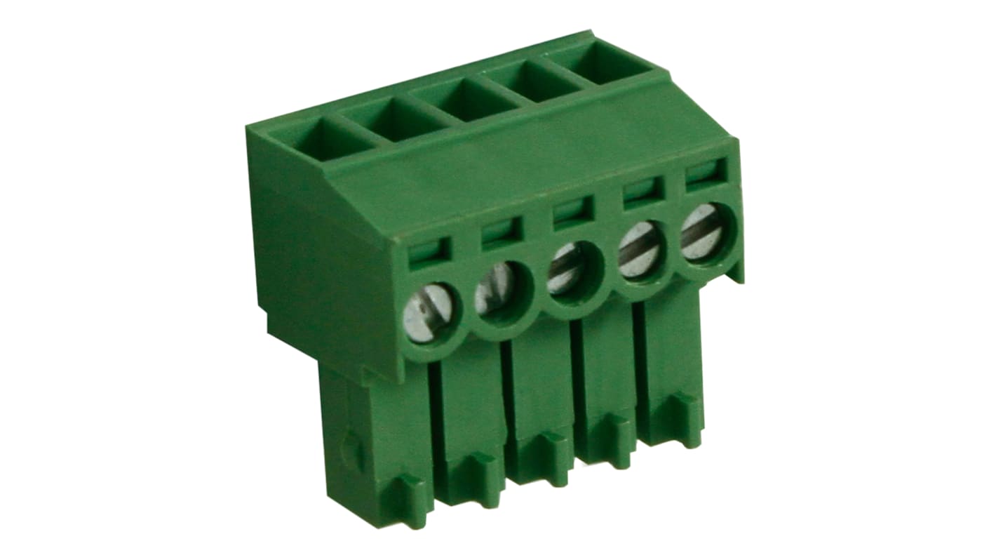 Bloque de terminal PCB Hembra a 90° RS PRO de 5 vías, paso 3.5mm, 10A, de color Verde, montaje Montaje en orificio